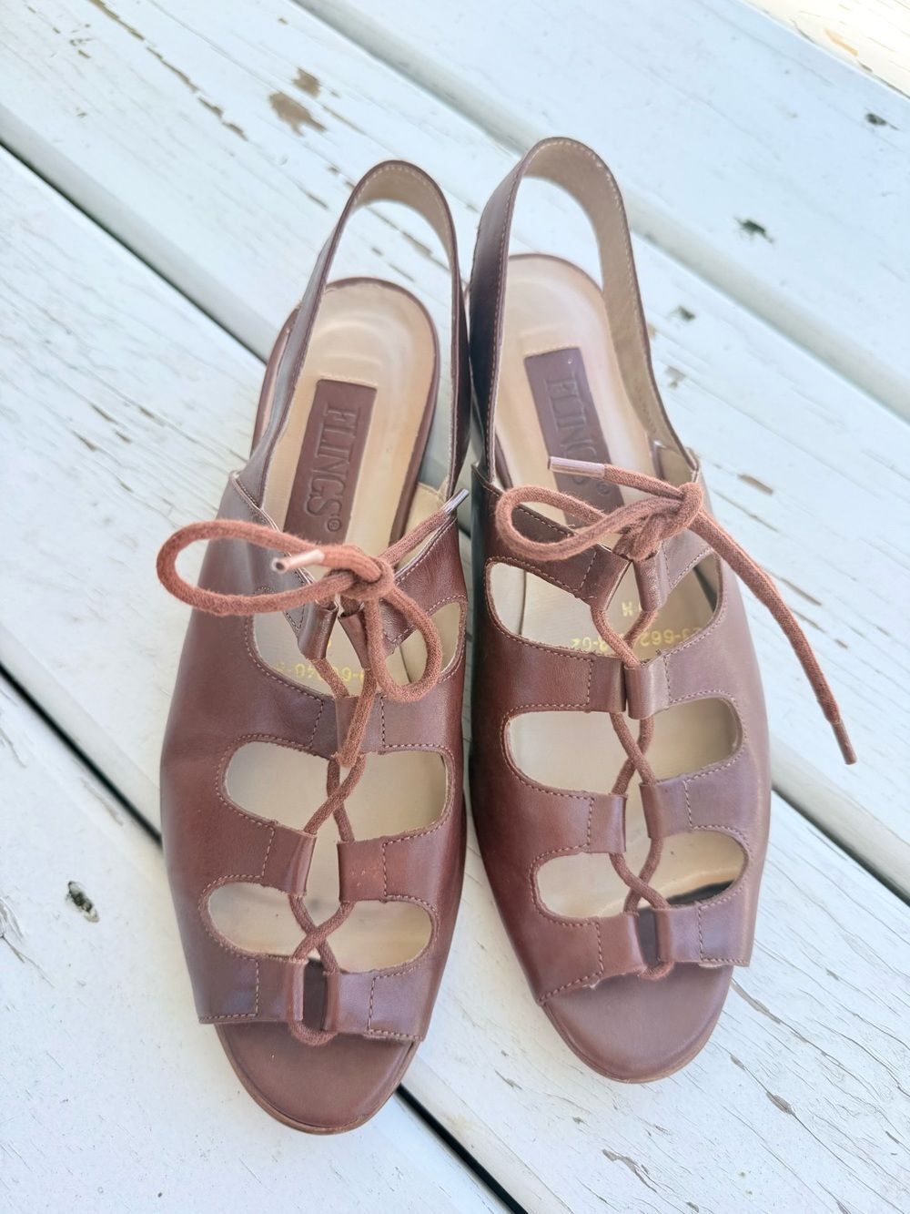 Flings Brown Leather Lace Up Open Toe Slingback Retro Sandals